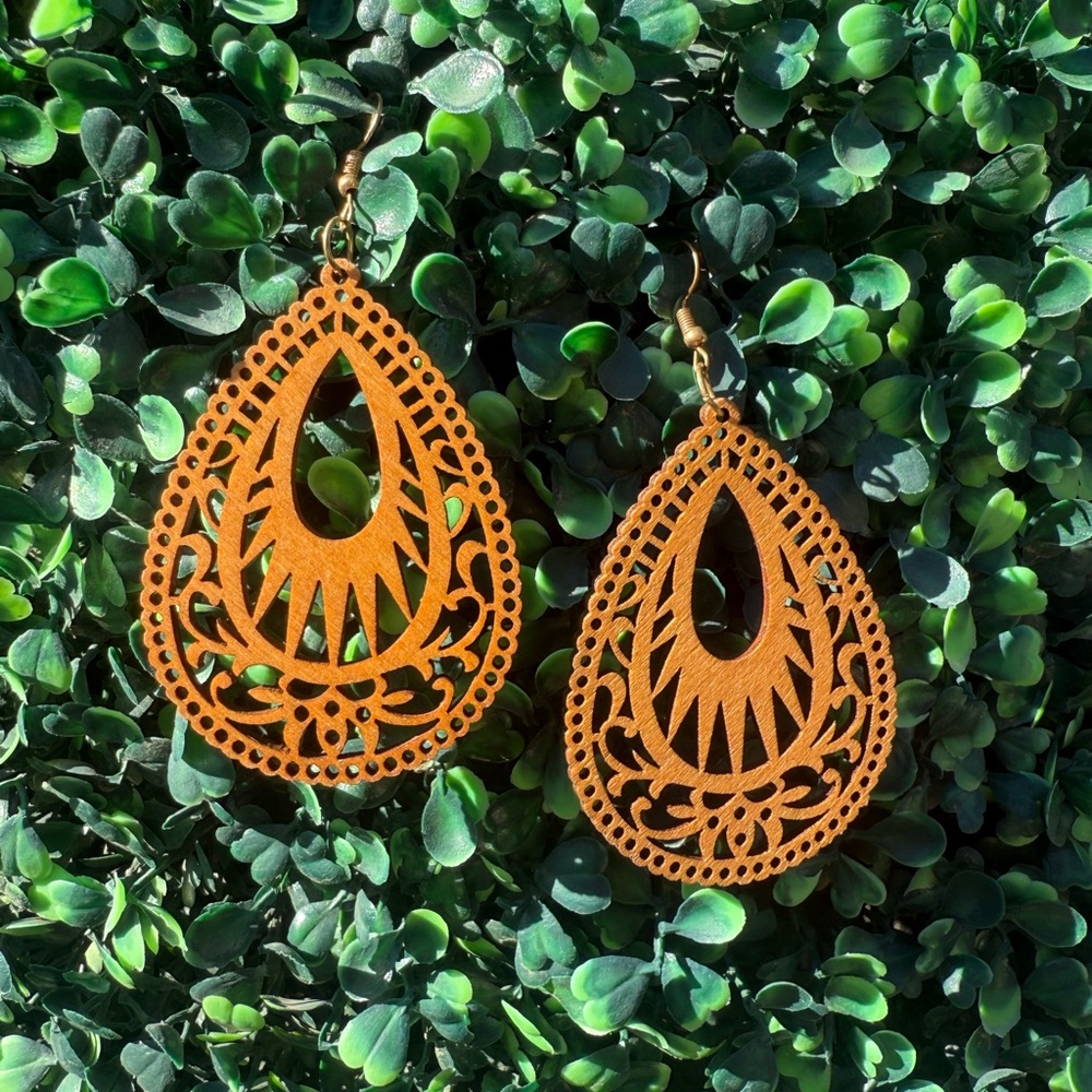 Artisan Wood Cutout Teardrop Earrings in Brown